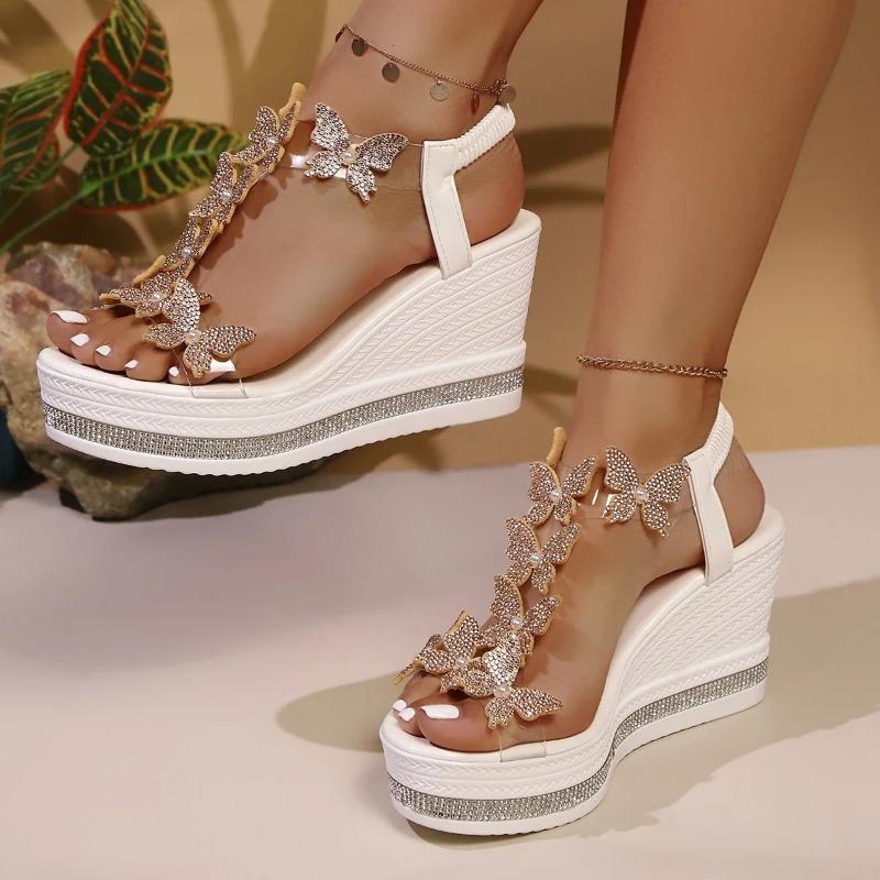 Mode Damen High Heels Keilsandalen Luxus Strass Offene Zehen Sandalen Damen Plateau Modische Schmetterlingsdekoration Sommerschuhe