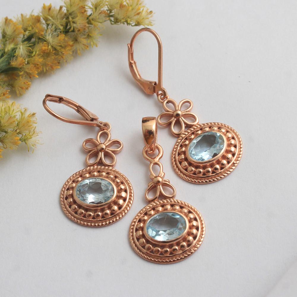 Blue Topaz December Birthstone Pendant Earring Set 925 Sterling Silver Rose Gold Plated Jewelry