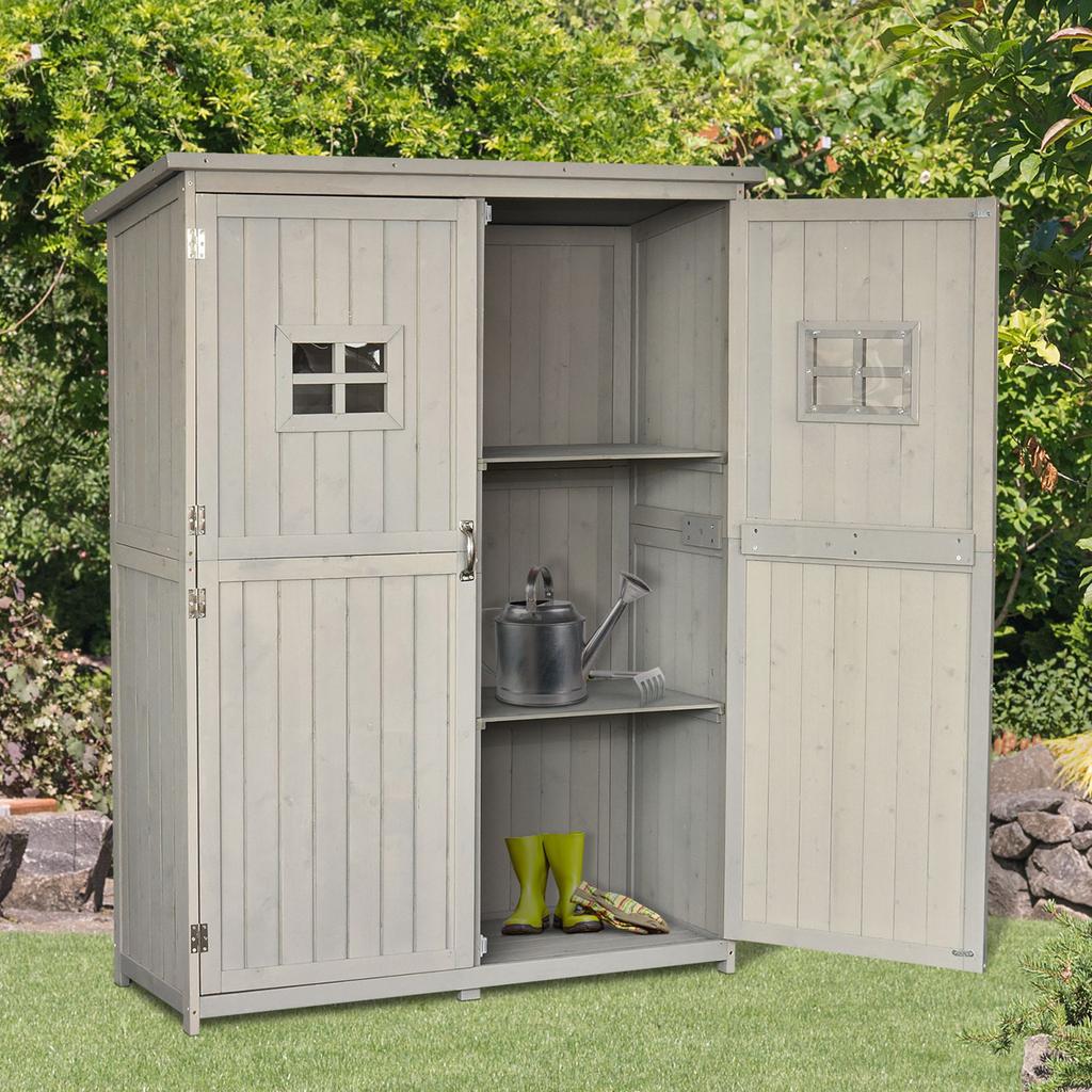 Wooden Garden Shed with Two Windows, Tool Storage Cabinet, Outdoor Double Door Organizer 127.5L X 50W X 164H Cm, Grey