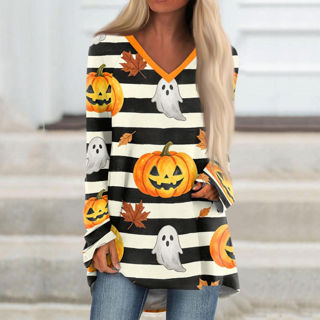 Women's Long Sleeve V-Neck Tunic T-Shirt with Halloween Print for Casual Fall Outings