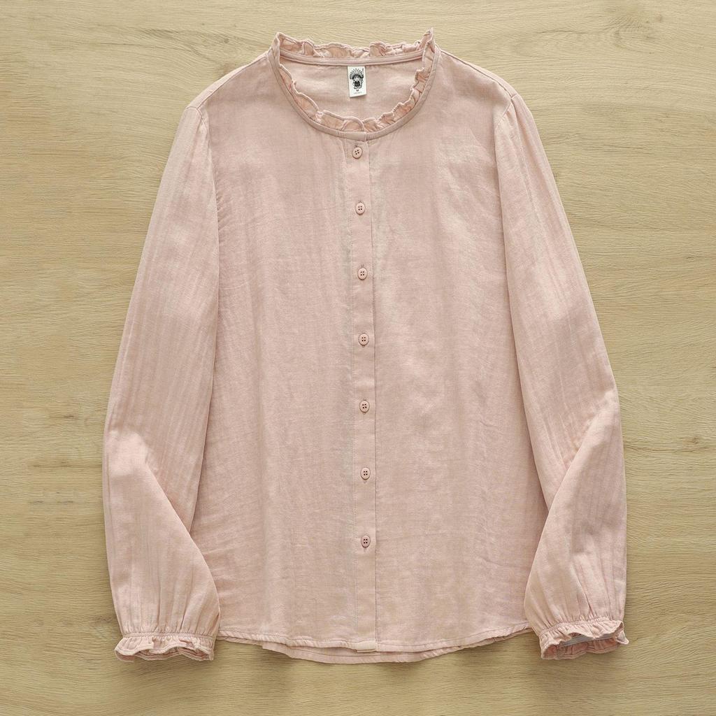 Japanese Style Women's Long Sleeve Lace Collar Shirt: Double Layer Cotton Gauze Loose Blouse