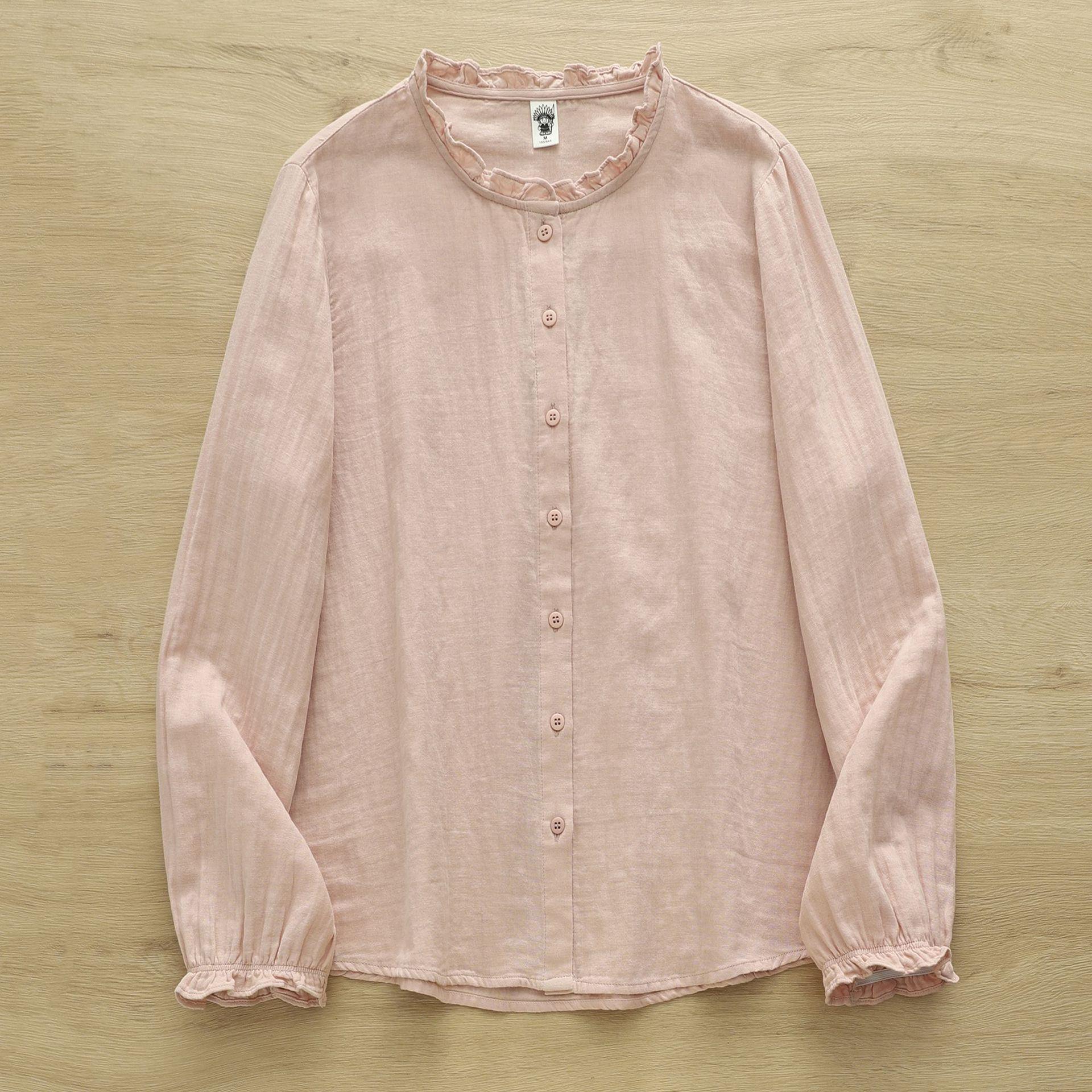 

Женская рубашка в японском стиле с длинным рукавом и кружевным воротником: Свободная хлопковая муслиновая блузка с двойным слоем Large