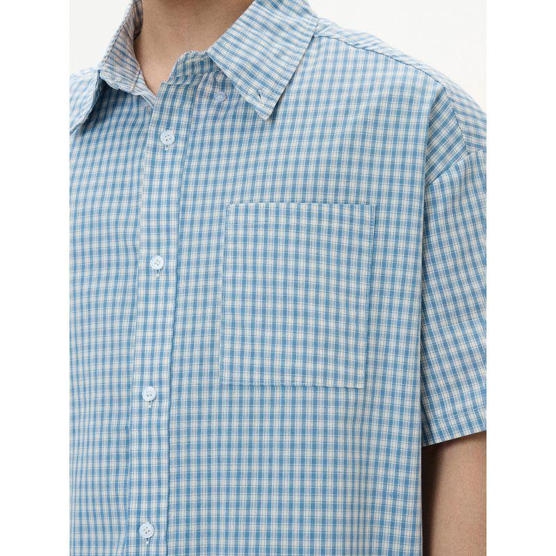 Kisko American Retro Lazy Light Blue Plaid Short-Sleeved Shirt for Men and Women, Cool and Casual Cleanfit Shirt