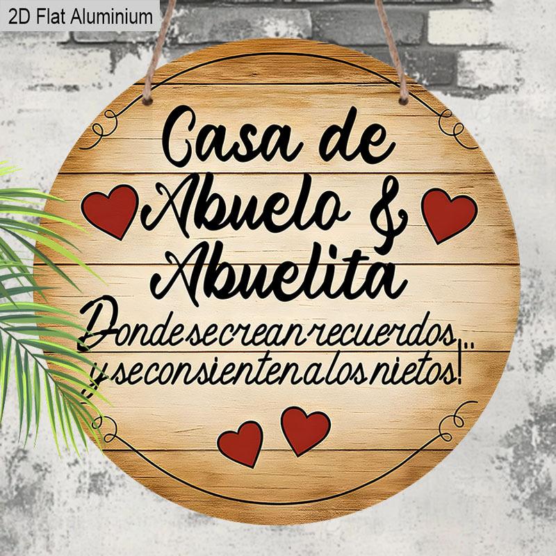2D Flat Aluminum Round Metal Wall Art, Spanish Grandparents Home Decor, Rustic Wooden Texture Hanging Plaque for Front Door, Porch, Living Room, Gift