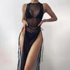 Women's 3 Piece Bikini Set New Solid Color Sexy Sheer Mesh Sleeveless High Slit Tie Side Maxi Cover Up Summer Beach Spa Swimwear