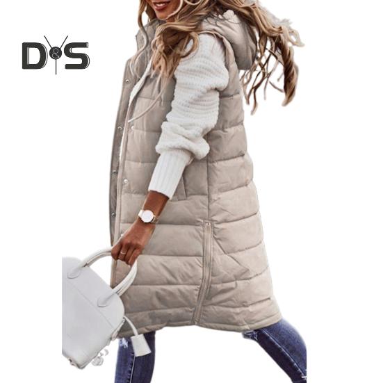 Dámská zimní vesta Kabát Vycpaný Jednobarevný Bez rukávů S kapucí Stahovací šňůrka Jednořadá Středně dlouhá Slim Fit Zip Kapsy na lemu Dámská Dlouhá zima