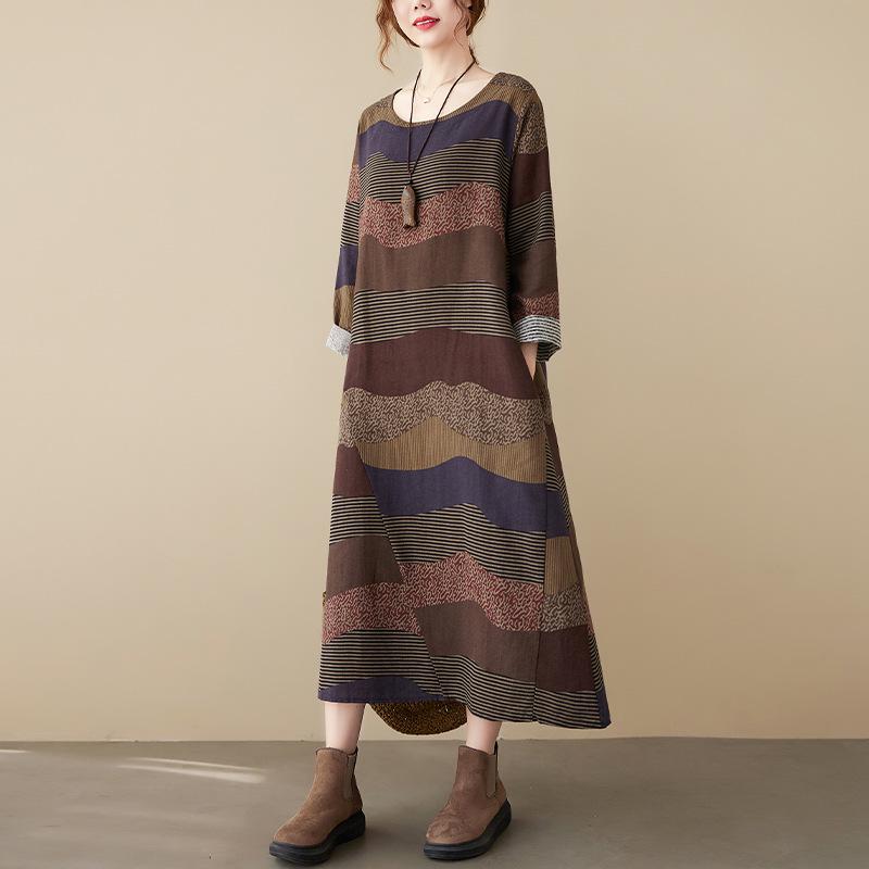 Artistic Temperament Cotton Linen Round Neck Long Sleeve Casual Dress for Women