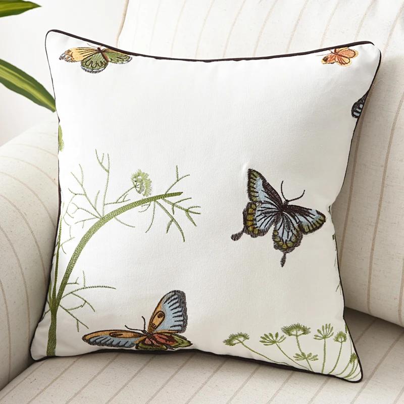 Butterfly Cushion Cover 45x45cm Floral Country Style Pillow Cover Cotton Embroidery Suqare Home Decoration for Living Room