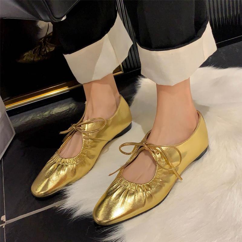 Soft Leather French Retro Beautiful Flat Shoes Soft Sole Niche Lace-up Loafers Gold Silver Mary Jane Single Shoes Women