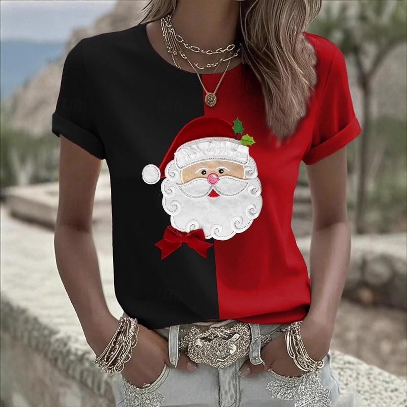 Womens Slim Fit Round Neck Short Sleeve T-Shirt With 3D Santa Claus Print Soft Cotton-Feel Fabric Casual Office Wear