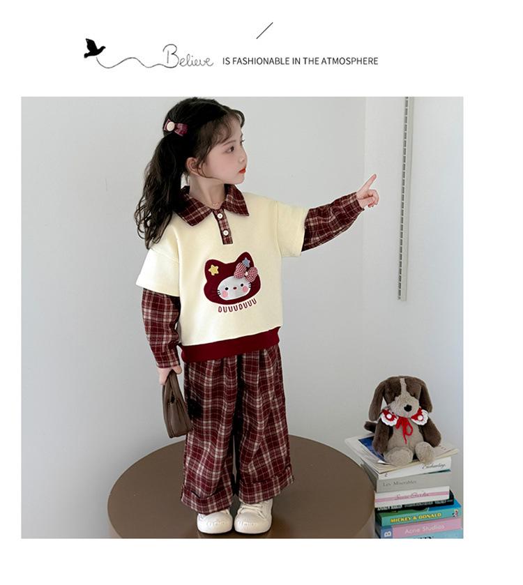 Girls' 2025 Fashion Spring & Autumn Outfit - Red Plaid Two-in-One Set for Toddlers