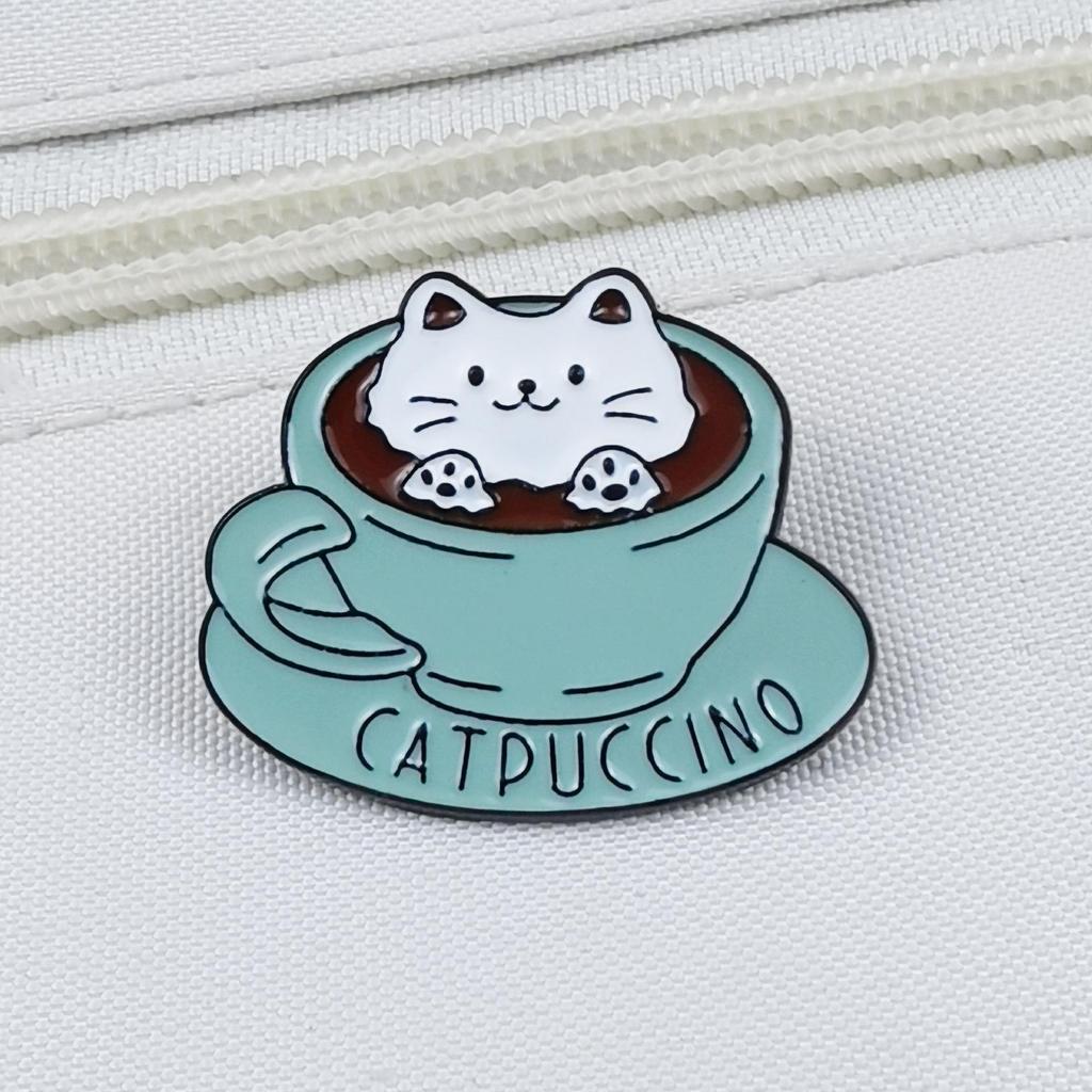 Personalized Cute Cartoon Cat Coffee Brooch - Metal Badge Clothing Accessory