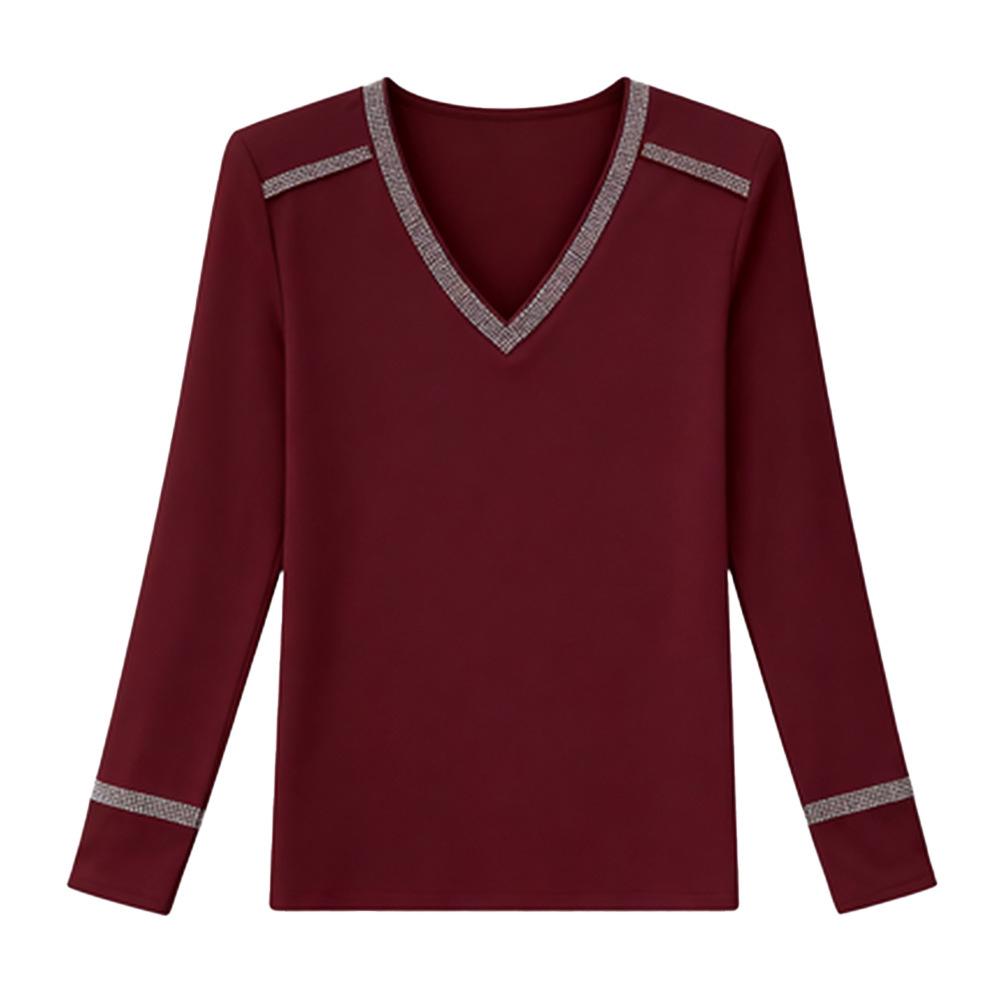 V-neck Rhinestone Long Sleeve Warm Shirt - Belly Covering & Age Reducing Mother's Base Layer 