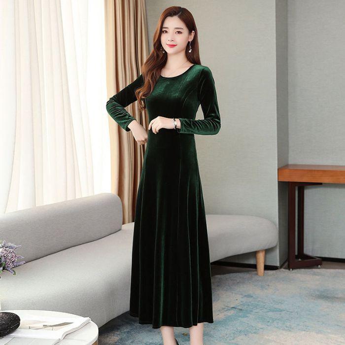 Women's Crew Neck Long Sleeve Solid Velvet Maxi Dress High Waist A Line Elegant Winter Formal Evening Dress