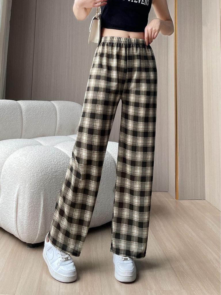 Plaid High-Waist Wide Leg Pants - Lightweight, Versatile, Plus Size, Women's Slimming Loose Fit, Spring/Summer Style.