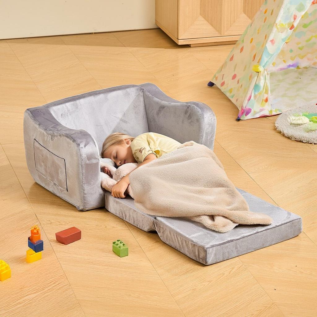 2-in-1 Kids Sofa, Foldable Toddler Soft Couch with Armrests, Made of 28D Sponge & Short Pile, Convertible Toddler Chair To Lounger, Kid Couch Fold Out