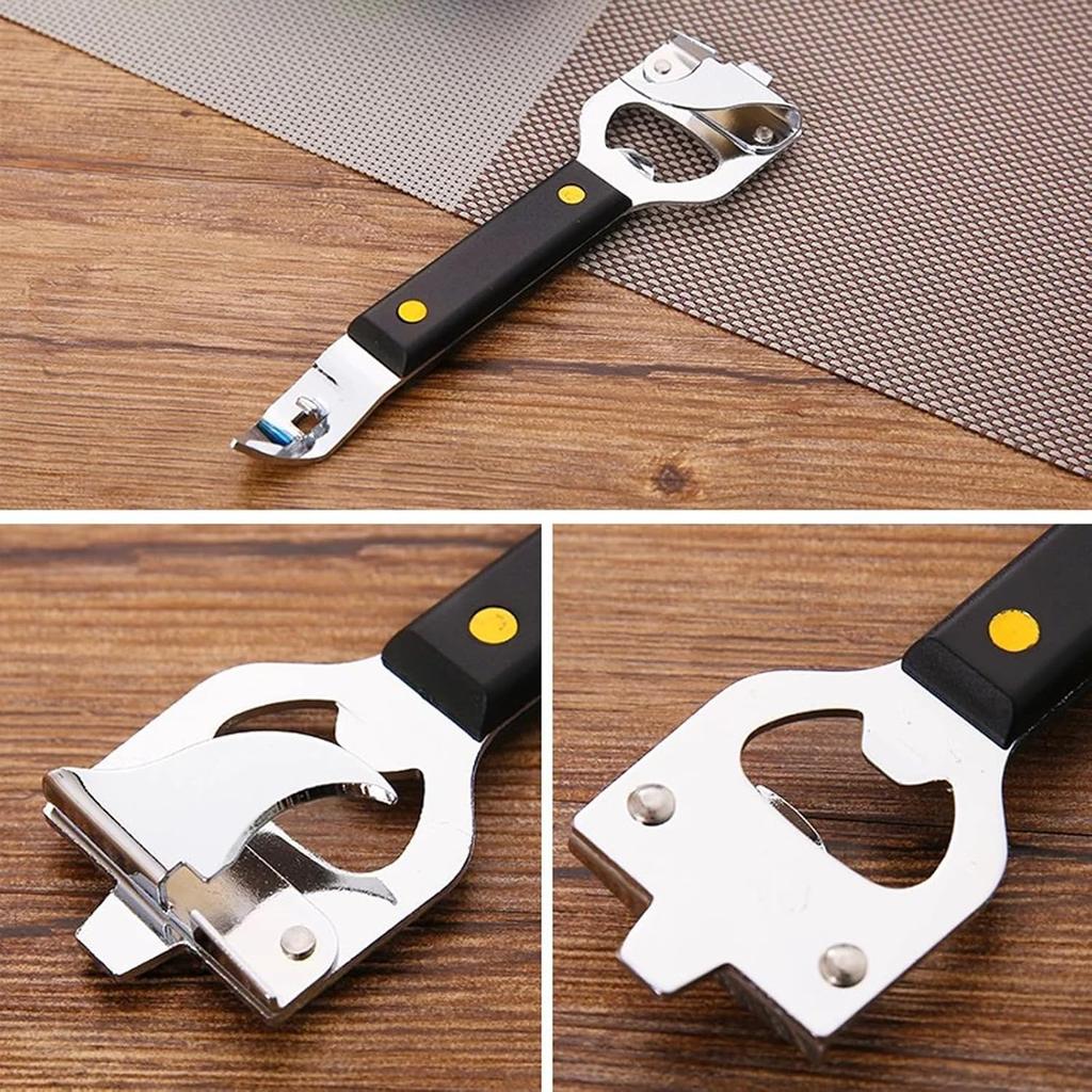 4-in-1 Can Punch Bottle Opener Classic Stainless Steel Manual Can Opener for Liquid with Cap Catcher, Can Tapper Church Key for Camping and Traveling