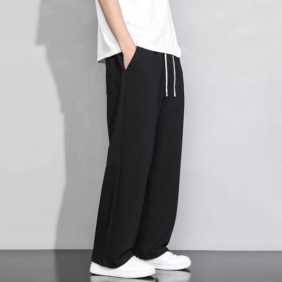 Men Cargo Pants Drawstring Elastic Waist Solid Color Thin Pockets Loose Straight Wide Leg Sport Trousers Daily Wear Casual Pants