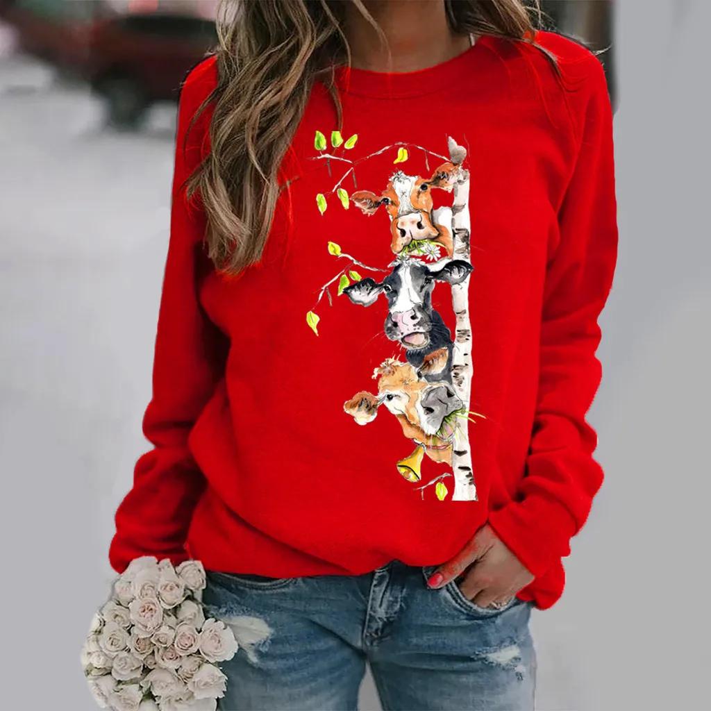 European and American Cow Pattern Printed Long Sleeve Crew-neck Hoodie Women's Wear Clothes  Aesthetic  Streetwear Women