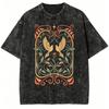 Vintage Schwarz gewaschenes T-Shirt Damen Herren Ästhetisch Jugendstil Vogel Blume Sonne Mond Aufdruck Rundhals Kurzarm Y2K