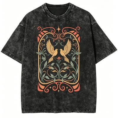 Vintage Washed Black T-shirt Women Men Aesthetic Art Nouveau Bird Flower Sun Moon Print O-neck Short Sleeve Y2K