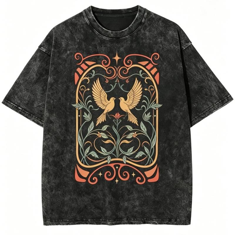 Vintage Schwarz gewaschenes T-Shirt Damen Herren Ästhetisch Jugendstil Vogel Blume Sonne Mond Aufdruck Rundhals Kurzarm Y2K