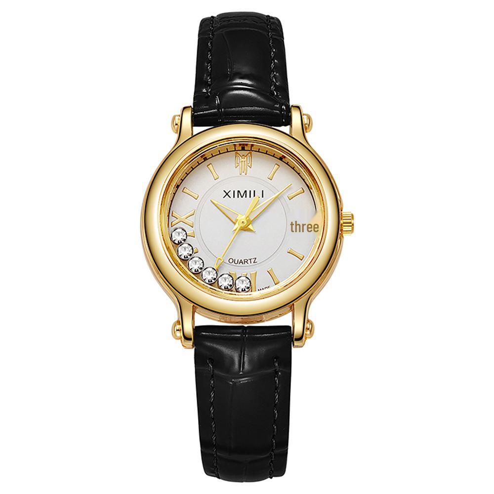 Hot Selling Women's Quartz Watch with Leather Strap and Rhinestone Design - Elegant Flowing Sand Fashion Ladies Wristwatch