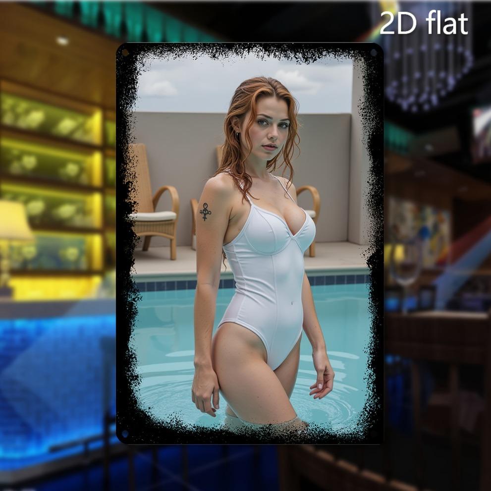 

Premium D Aluminum Wall Art Minimalist White Bikini Pool Lady Metal Decor PreDrilled for Home Office Bathroom 20x30cm