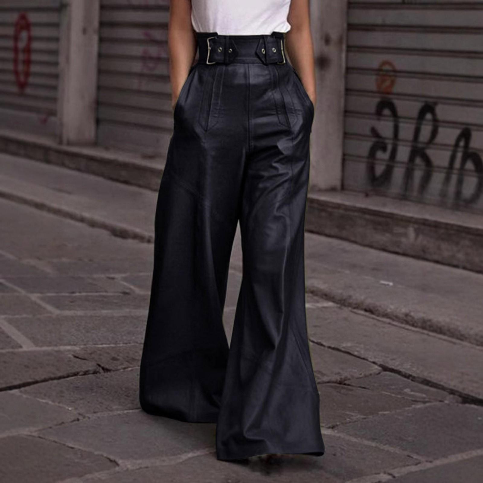 

Женские новые модные кожаные брюки с высокой талией, свободные расклешенные брюки из искусственной кожи с карманами на талии XL чёрный