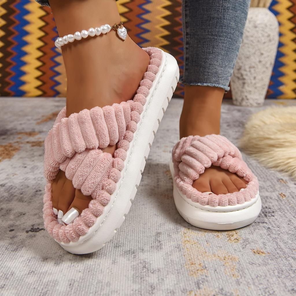 Fashion Cross Strap Slippers Women Fashion New Females Soft Corduroy Platform Home Slides Men Portable Warm Plush Sandals Women's Shoes