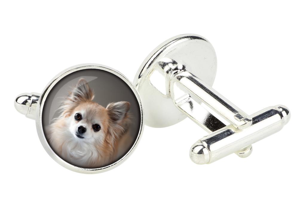 Čivava dlouhosrstá - manžetové knoflíčky v krabičce, ručně vyráběné šperky, produkt značky Art-Dog