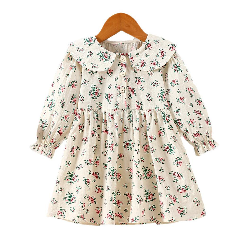 Girls Cotton Long Sleeve Floral Dress Baby Toddler Prairie Doll Collar Princess Party Dress For Spring And Fall