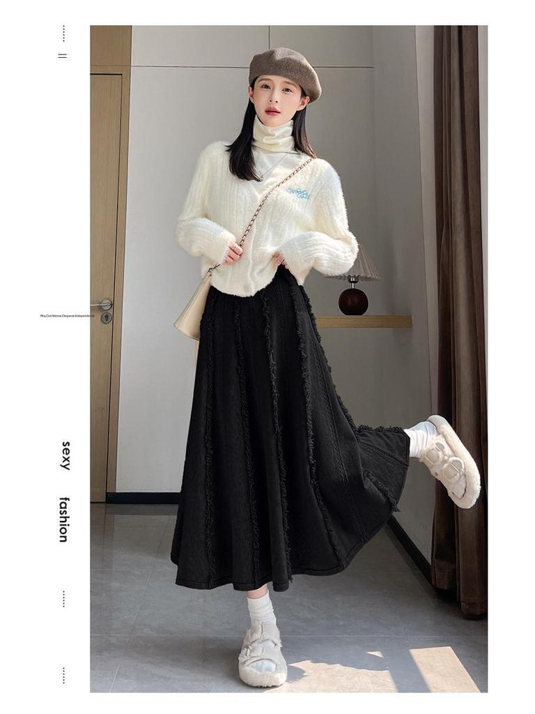 Women's Autumn-Winter White Wool Midi Skirt: High Waist, A-Line with Tassel Detail