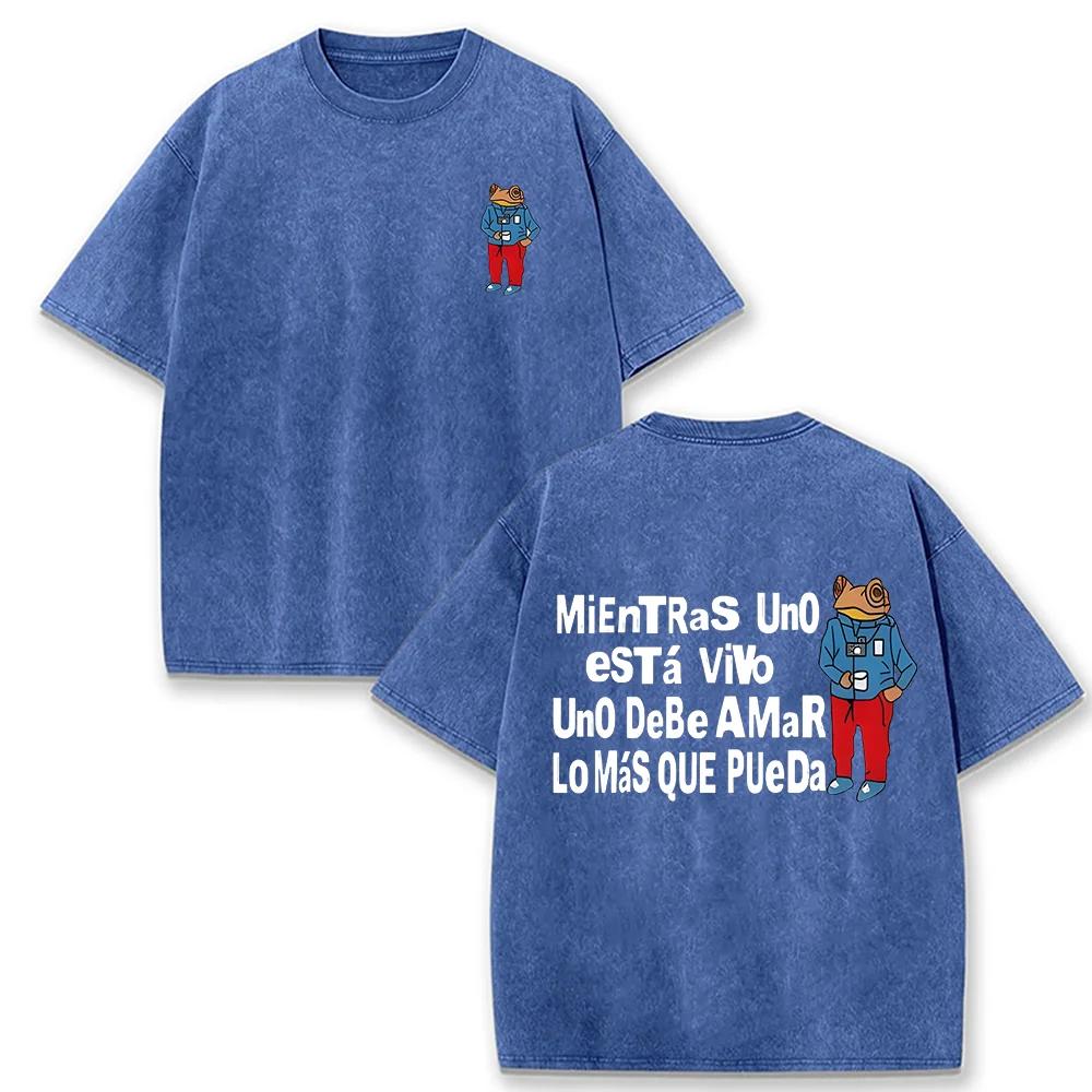 2026 Spanish Quote Cool Frog With Camera Graphic Vintage Washed T Shirt Latin Music Lover Casual Oversized Short Sleeve Streetwe