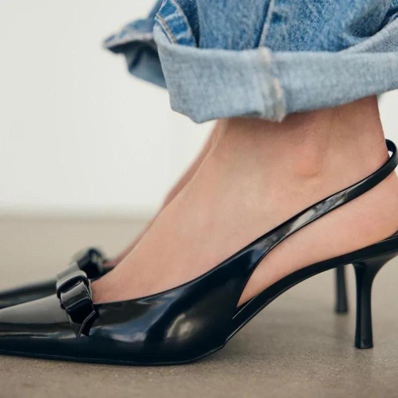 2025 Fashion Modern Office Shoes for Women Black Wedding Slingback Pointed Toe Butterfly Decoration Female High Heeled Sandals
