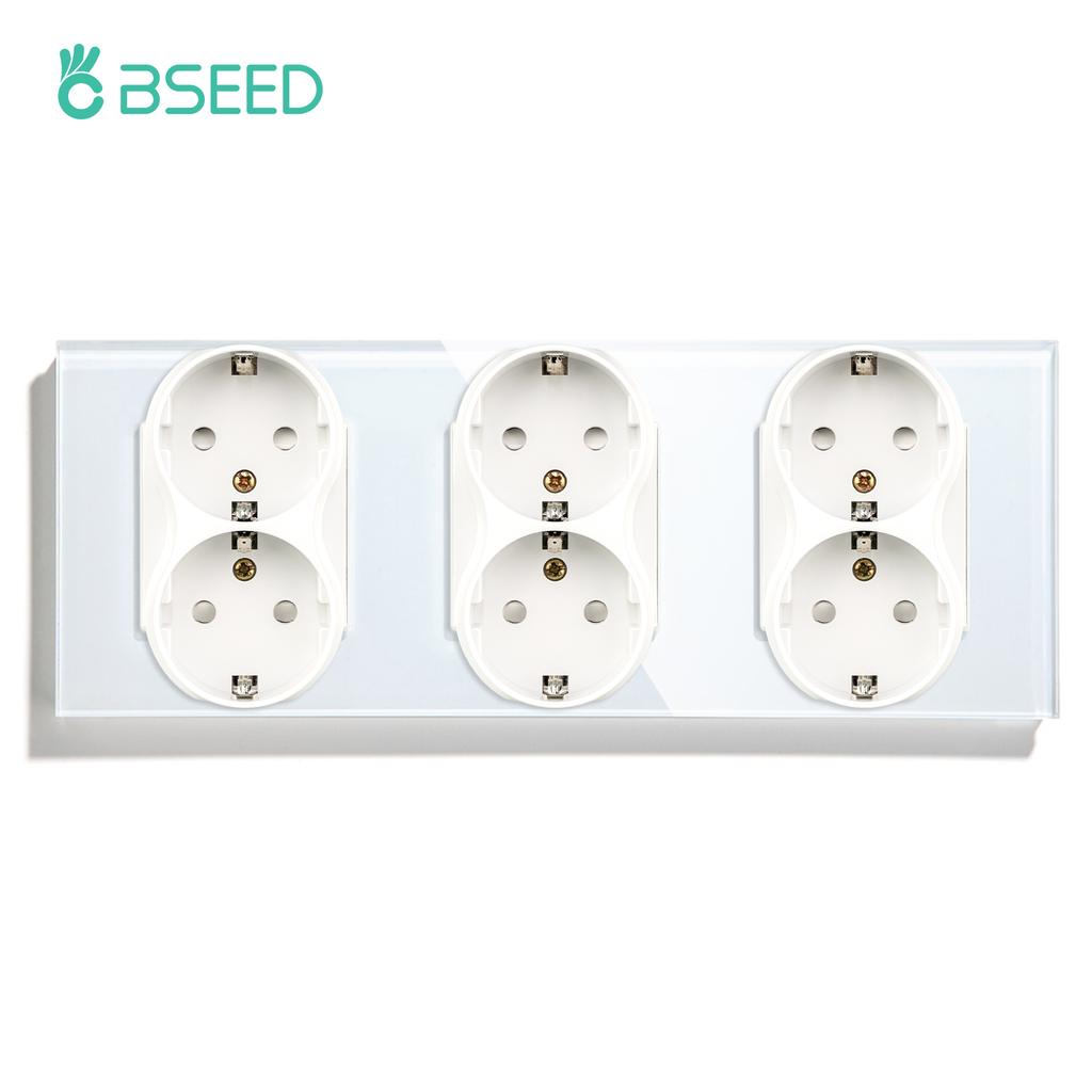 BSEED 1/2/3Gang Touch Light Switch With Power Socket 1Way Double EU Wall Sockets Dual Plug 16A Glass Panel Blue Backlight White