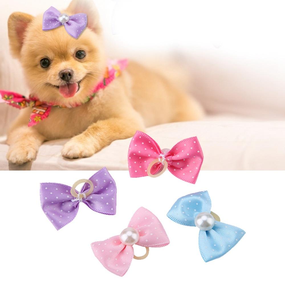 20pcs Pearl Decor Polka Dot Bow Hair Scrunchies Polka Dot Pattern Dog Bow Hair Bands  Pet Grooming