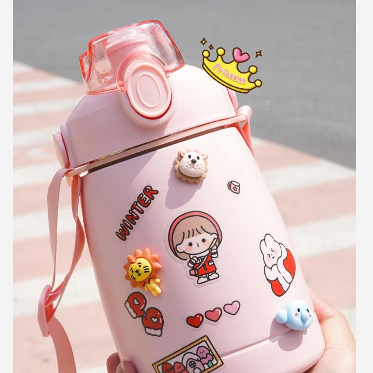 Thermos Cup Large-capacity with Straw& Strap-Food Grade Environmentally Friendly Material 1.1L Water Bottle for Women Men Lar