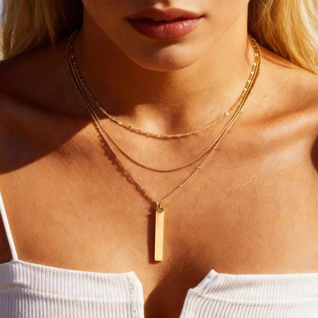 Layered Vertical Bar Pendant Necklace for Women Clavicle Chain Collarbone Choker Necklace 18K PVD Gold Plated Jewelry Waterproof