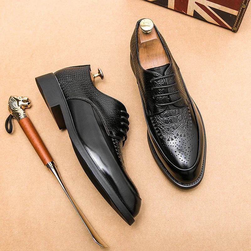 

Мужская повседневная обувь Brock Oxford Retro Crocodil Leather Мужская официальная обувь 2024 года Мужская обувь для офиса Социальные туфли Дерби 38 чёрный