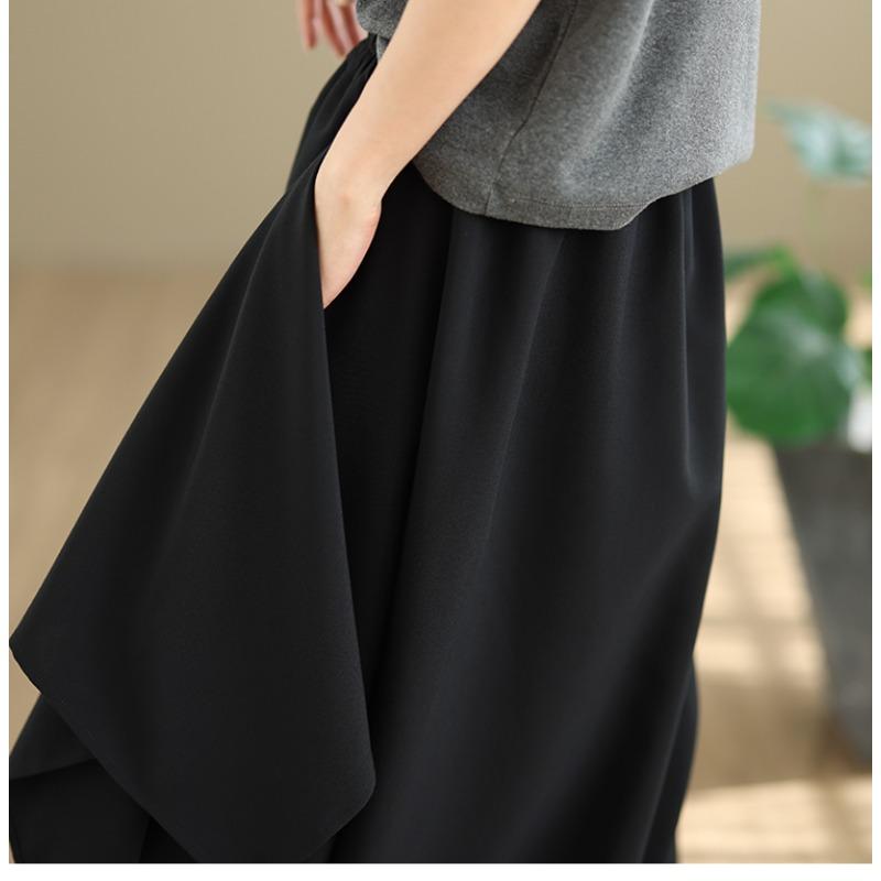DIMANAF 2026 Summer Beach Plus Size Solid Black Long Pants Women Elastic Waist Loose Vintage Casual Trousers Skirt Pants Bottoms