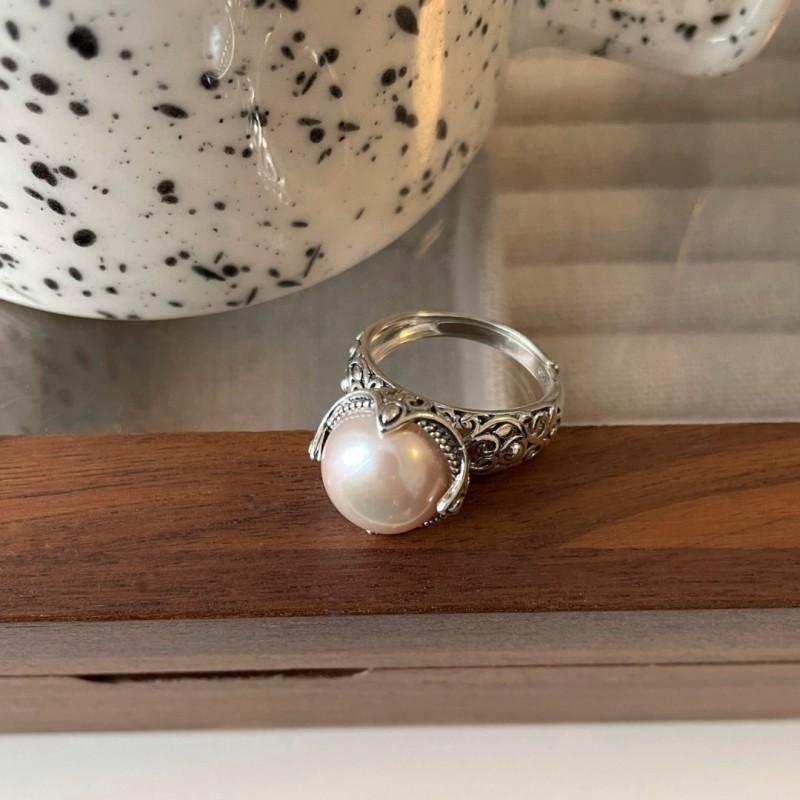Vintage Oxidized Pearl Open Ring Women Adjustable Geometric Statement Copper Jewelry Adjustable Open Band