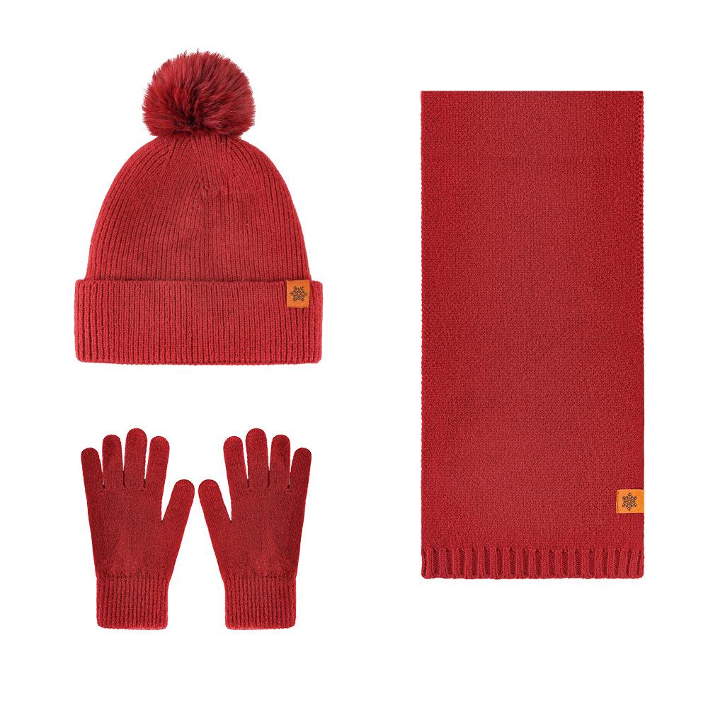 Knitted hat, women's winter double-layer velvet warm riding ear protection wool knitted hat scarf gloves three-piece set