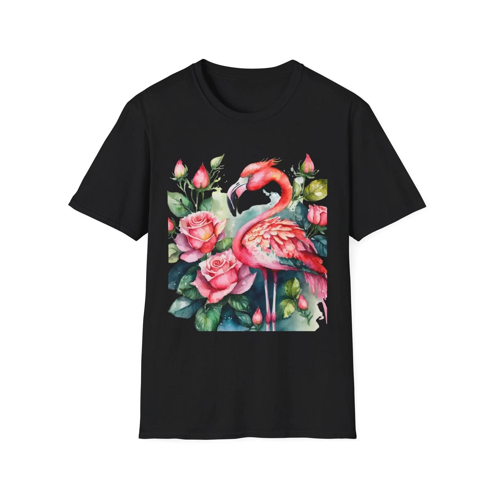 Flamingo & Rose T-Shirt, Tropical Summer Tee, Gift for Her, Floral Shirt, M