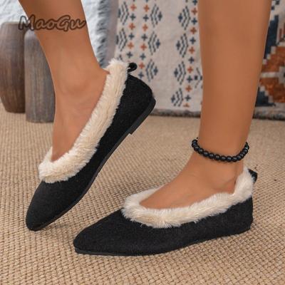 Fashion 2025 Autumn Winter Short Plush Women's Flats Warm Pointed Toe Slip On Casual Loafers Comfortable Shallow Shoes Zapatos De Mujer