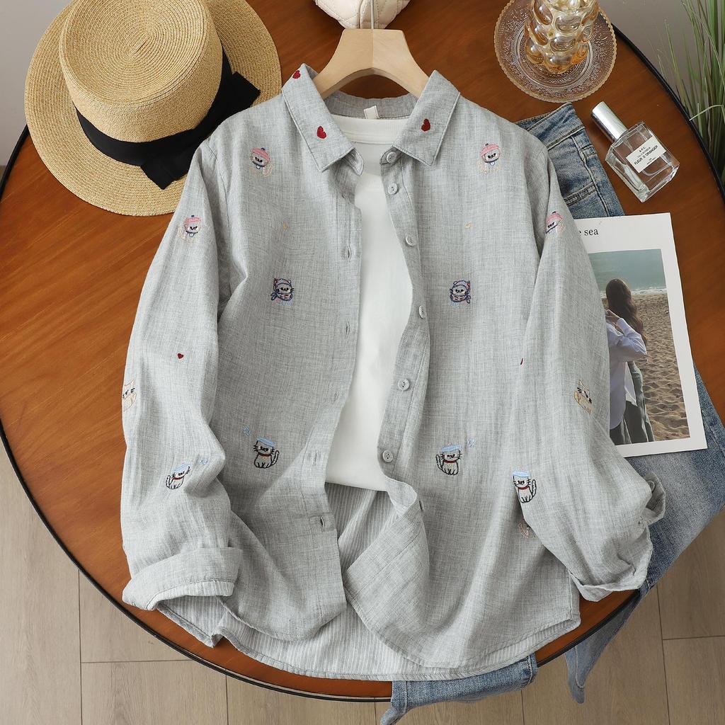 Women's Artistic Cartoon Embroidery Cotton Gauze Long Sleeve Shirt - Fresh & Soft Skin-Friendly Top