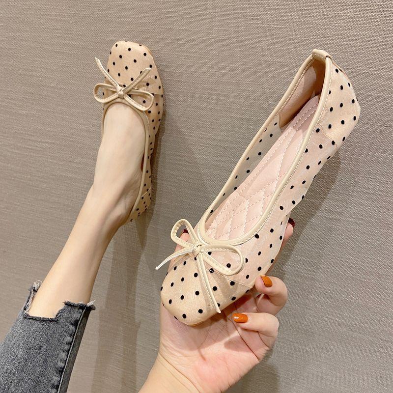 

Модная женская обувь на плоской подошве Весна Лето в горошек с бантом, сетчатая, дышащая, с плоской подошвой, одинарная обувь для женщин, лодочки с квадратным носком 41 абрикосовый