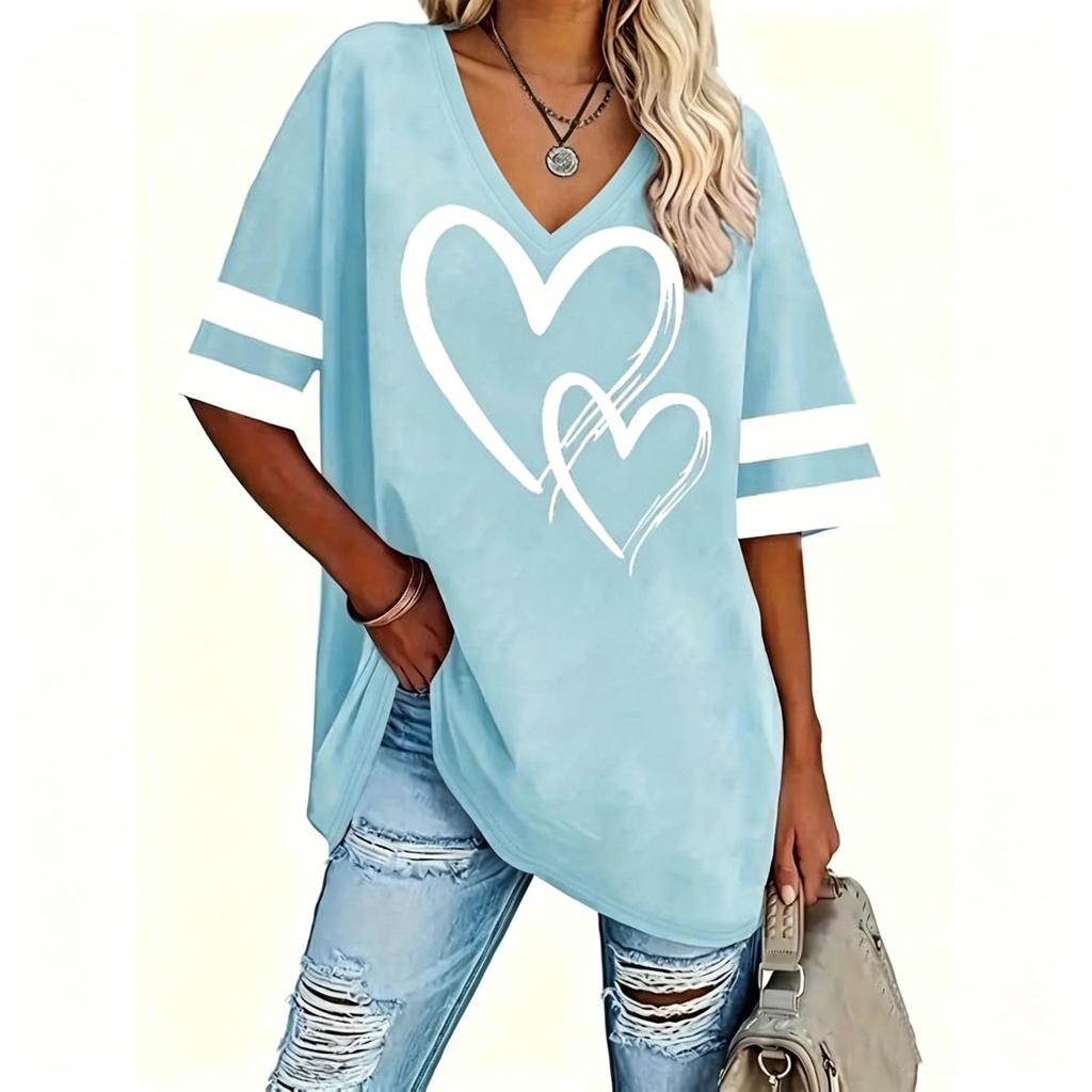 Plus Size Heart Print T-Shirt Casual Crew Neck Short Sleeve T-Shirt Women's Plus Size Clothing