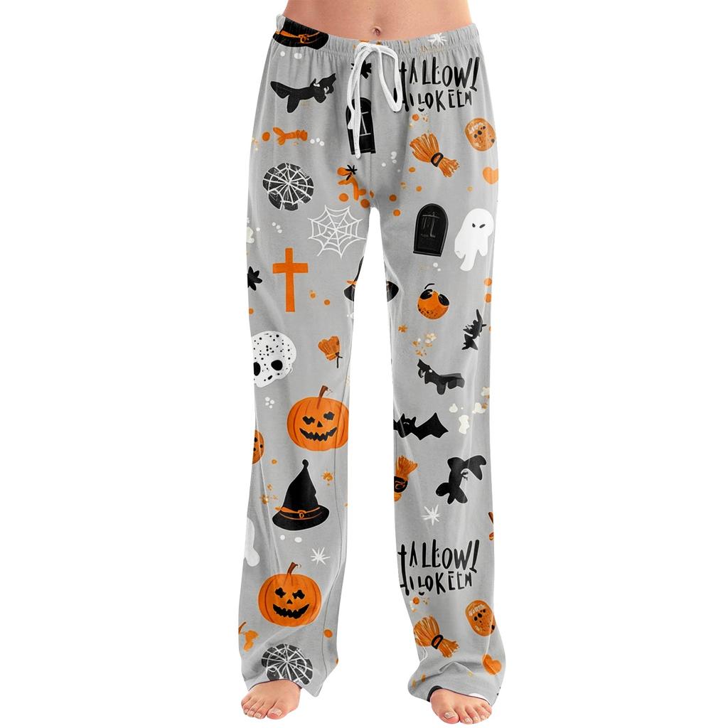 Damen Halloween Print Kordelzug Hose Lässige Lockere Passform Lounge Hose Weicher Leichter Stoff Volle Länge Pyjamahose für den Alltag