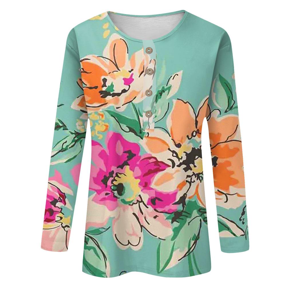Women's Button Neck Tops Women's Blouses Women's Casual Daily Tops Long Sleeve V Neck Fashion Print Shirt Tops T Shirt Pullover Tops
